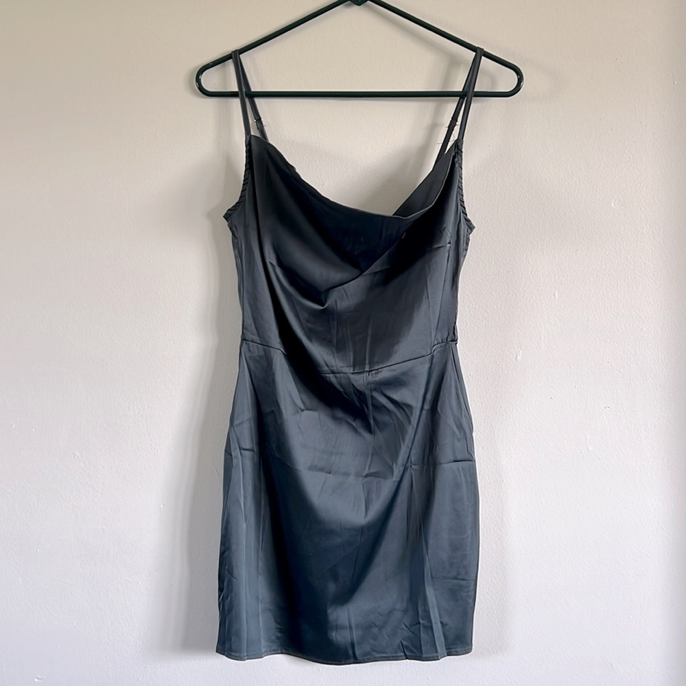 NWT ASOS Parisian Petite satin cami strap mini dress w/ cowl neck in steel blue